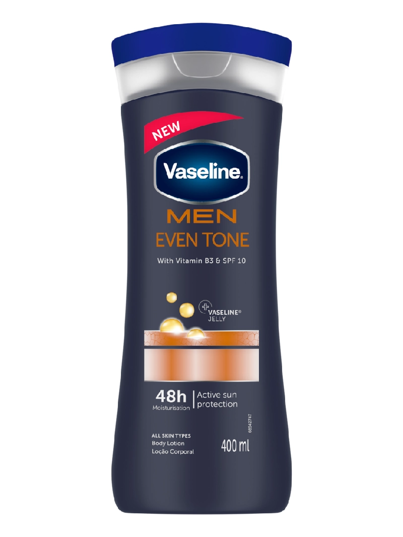 Vaseline®MEN SPF 10 Even Tone Body Lotion is tailor-made for men's skin care, to provide real moisturising for uneven and dry skin Light, fast absorbing moisturising lotion with a non-greasy feel Don't suffer dry, patchy skin. Use Vaseline®moisturising body lotion as part of your daily grooming routine Vaseline®'s hydrating body lotion calms and soothes dry, irritated skin leaving your skin feeling cool and smooth